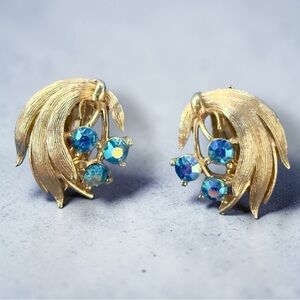 Vintage Blue AB Rhinestone Gold Tone  Clip-on Earrings